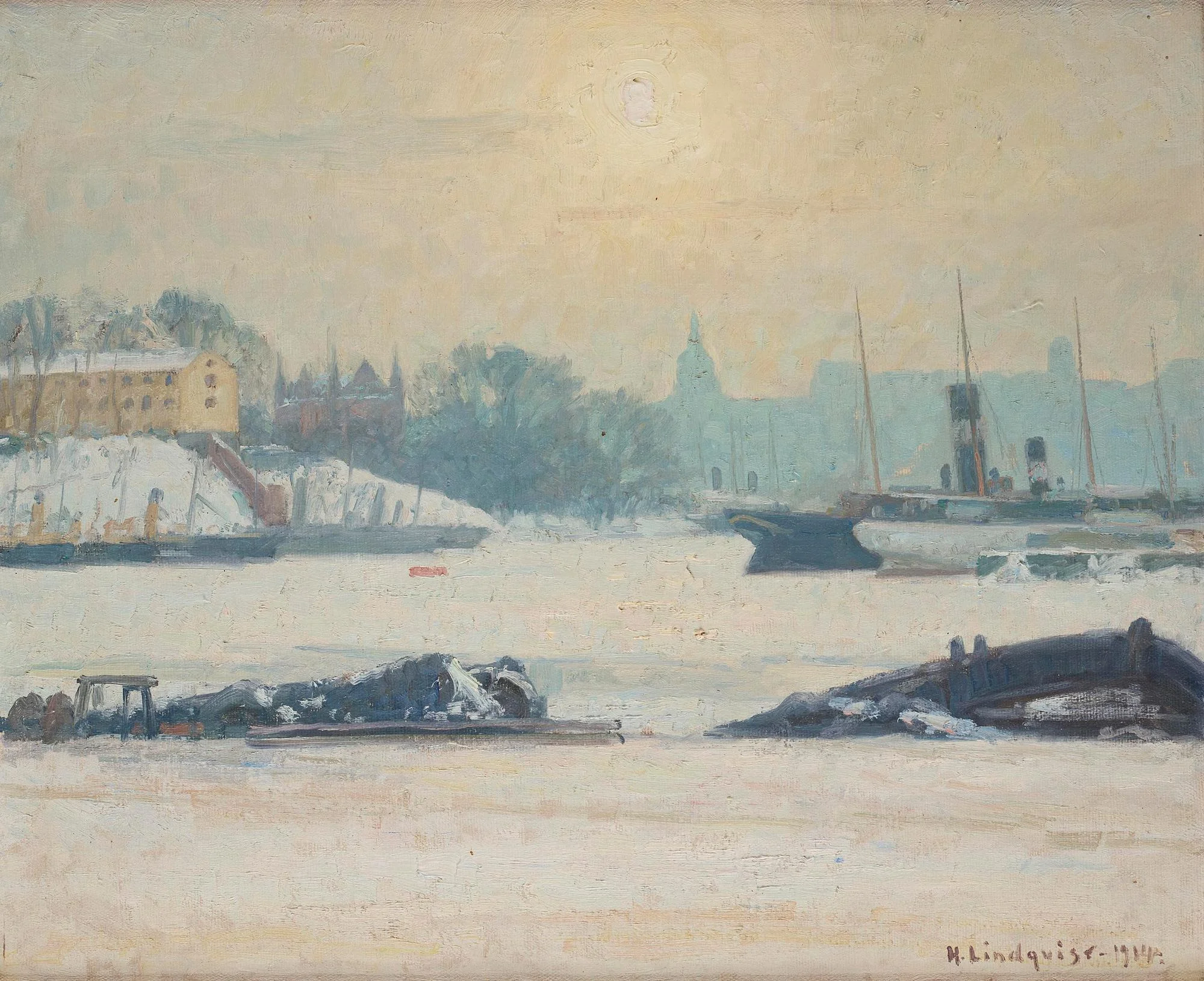 Herman Lindqvist, Vintermotiv mot Skeppsholmen, Stockholm. — Bukowskis