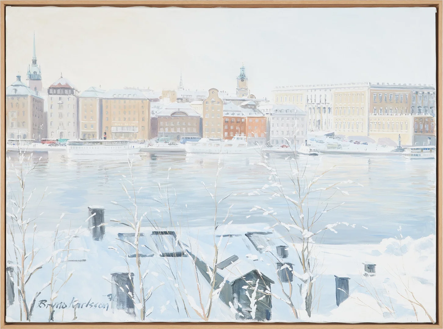 BRUNO KARLSSON. Skeppsholmen mot Gamla Stan, olja duk. — Paintings — Stockholms Auktionsverk Magasin 5