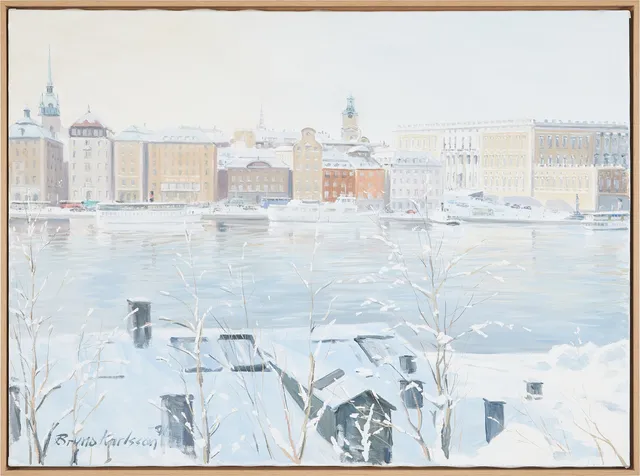 BRUNO KARLSSON. Skeppsholmen mot Gamla Stan, olja duk.