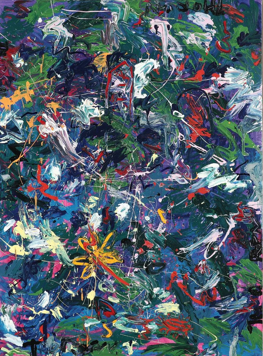 Jens Jørgen Thorsen: “Jorn møde i Café 7. Himmel..." 1995. Signed Thorsen with title on the reverse. Mixed media on canvas. 100×140 cm. — Modern Paintings/Modern art — Bruun Rasmussen