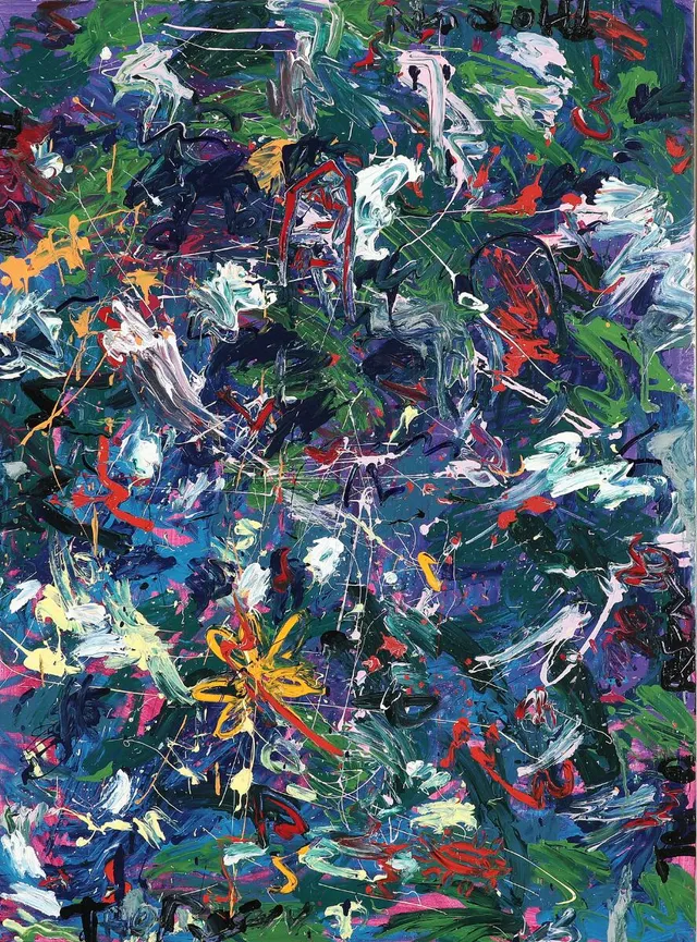 Jens Jørgen Thorsen: “Jorn møde i Café 7. Himmel..." 1995. Signed Thorsen with title on the reverse. Mixed media on canvas. 100×140 cm.