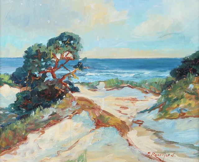 EMIL RUNEFJORD. Strandparti, olja på duk, signerad E. Runefjord.