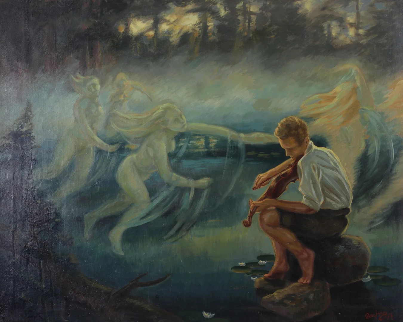 PALLE ÅBERG. "Spelmanen och älvorna", olja på duk, signerad och daterad 1958. — Paintings — Stadsauktion Sundsvall