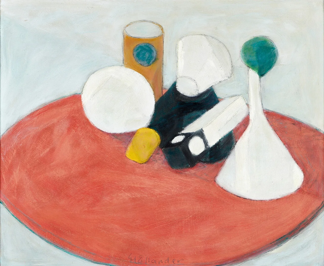 GUNNAR HÅLLANDER (1915-1980). "Föremål på rött bord", signerad Hållander, utförd 1967, olja på pannå. — Paintings — Crafoord Auktioner Stockholm