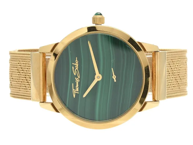 Thomas Sabo, Garden Spirit Malachite, guldtonat stål, 33mm, quartz, liten sekundvisare, mineralglas med safiröverdrag, 5ATM, ref. WA0365, urtavla malaktit, malaktit på kronan, mesh-armband.