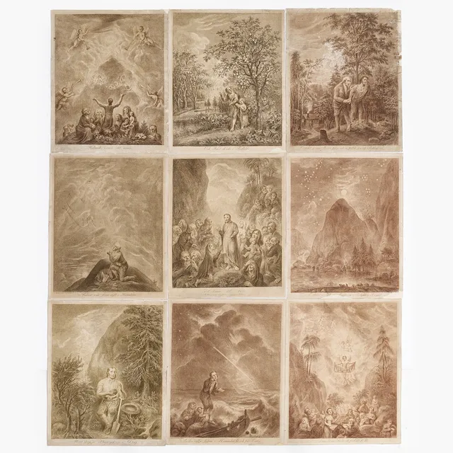 ELIAS MARTIN (1739-1818), "Fader Vår", 9 st, Omkring år 1800, signerade i plåten E. Martin pinxit & sculpist. punktgravyrer.
