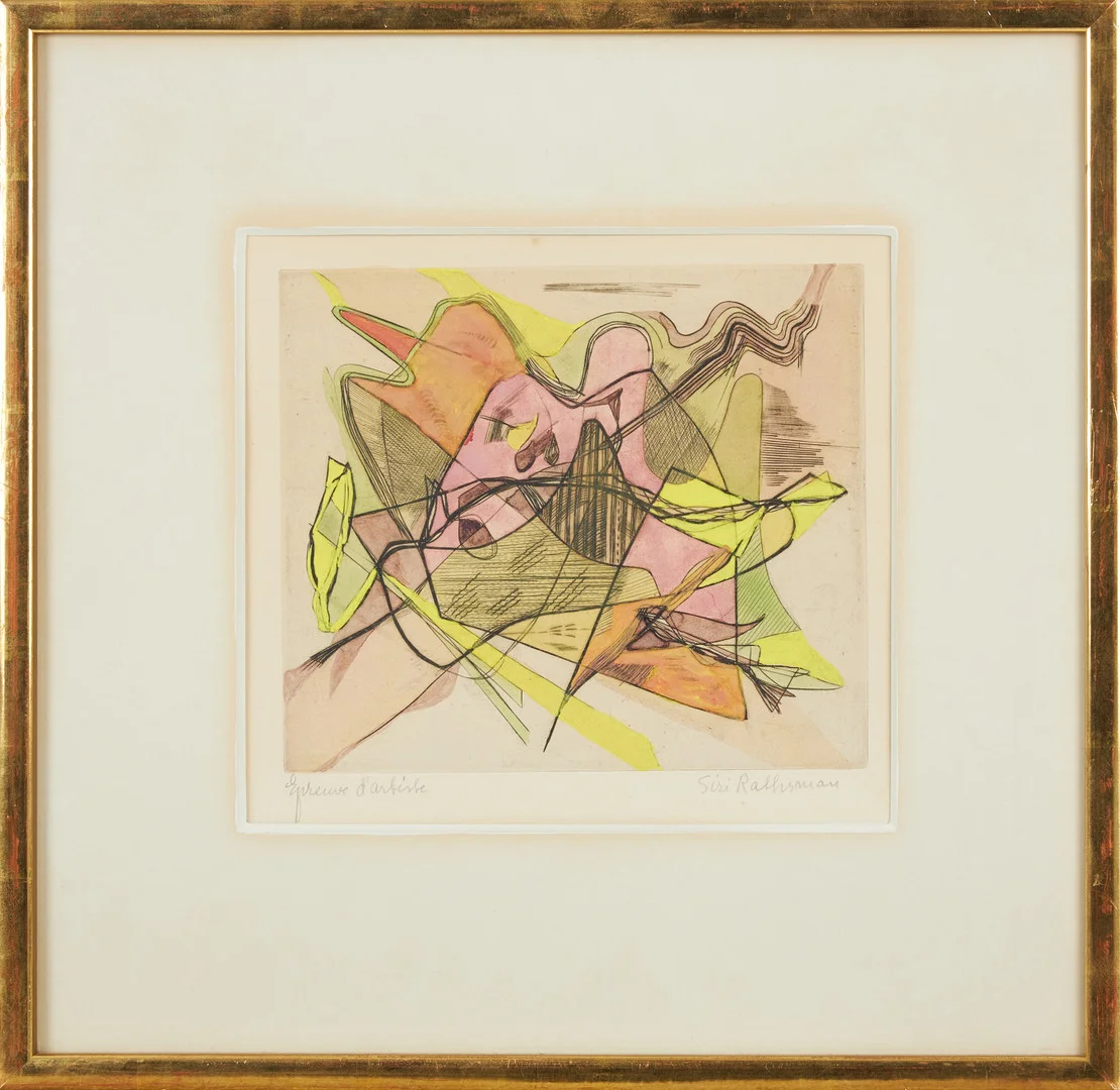 SIRI RATHSMAN. Kompositioner, 2 st., signerade Siri Rathsman, ena daterad 1938, epreuve d´artiste, handkolorerade etsningar. — Engravings & Prints — Stockholms Auktionsverk Magasin 5
