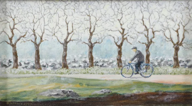 OVE JOHANNESSON. Cykeltur, olja på pannå, signerad.