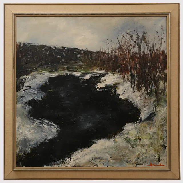 HANNA BRUNDIN (Malmö 1914-2000 Malmö), olja på duk, "Vinterbild - vattendrag och träd". Signerad Brundin.