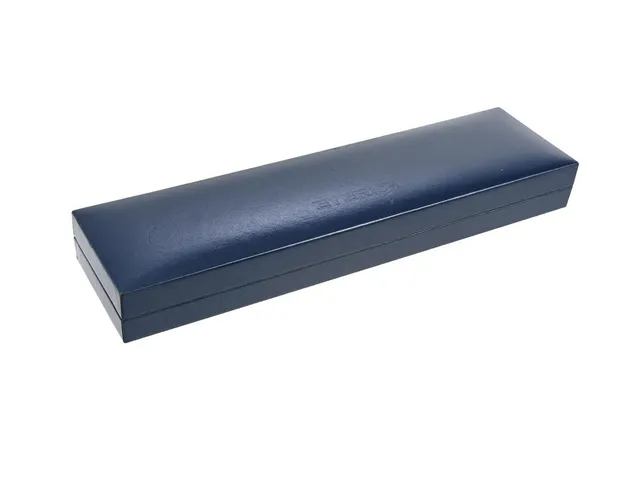 BOX, till Eterna armbandsur, mörkblå, 245 x 66 x 31 mm, skadad, ca 1995.