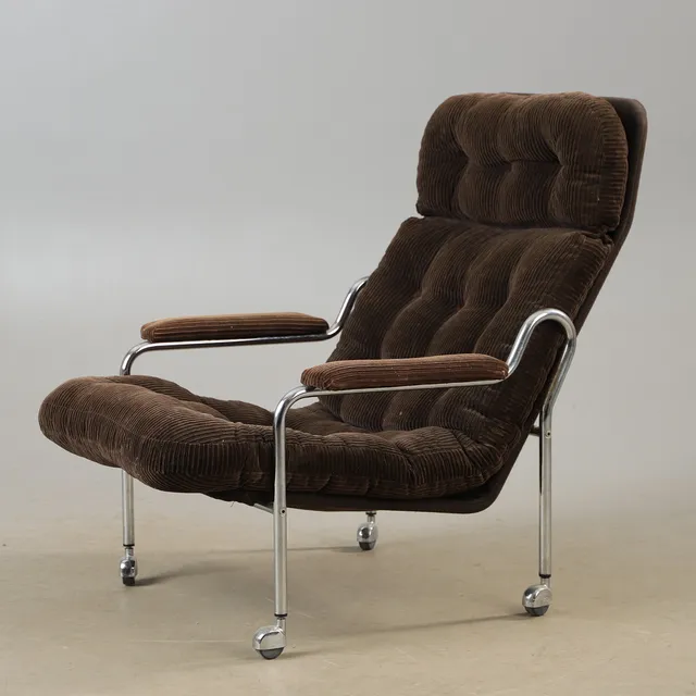 BO EIGERT. Fåtölj, "Stålbo", textilklädsel, Firma B. Eigert AB, Hova, 1970-tal.