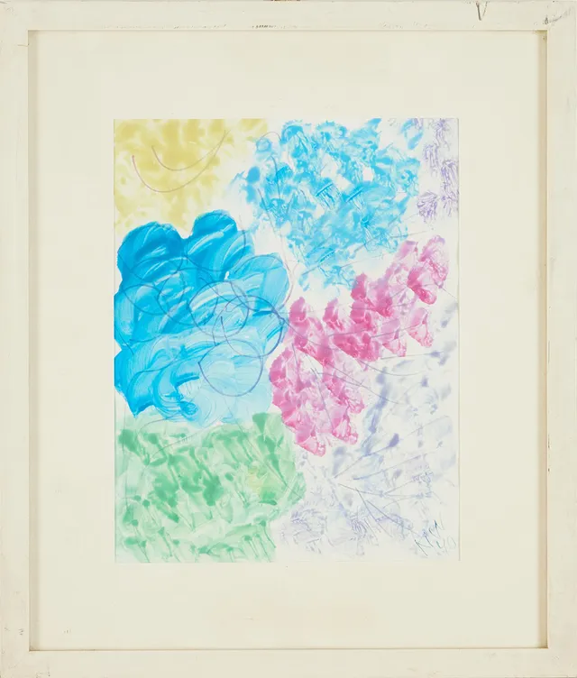 NELL WALDEN. ''Spiel in blau'' Blomsterstilleben, blandteknik, signerad och daterad -70.