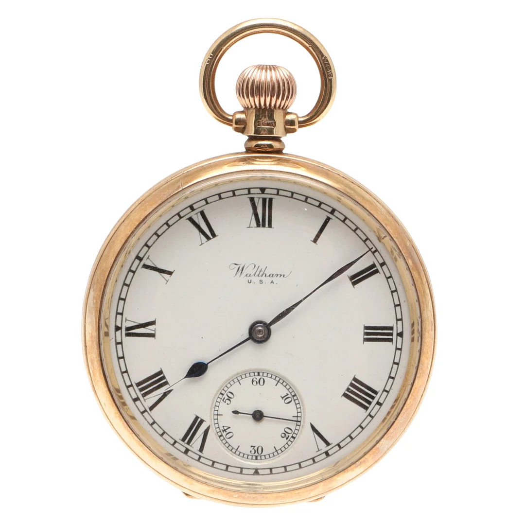 A 9CT GOLD OPEN FACED POCKET WATCH BY WALTHAM, U.S.A. — Pocket & Stop Watches — Lawrences Auctioneers