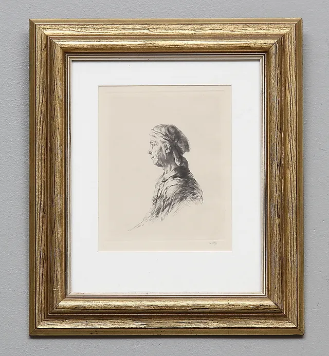 FOLKE GULLBY. "Mors profil". Etsning. Nr 136, 1949. Signerad och MEH-stämplad.