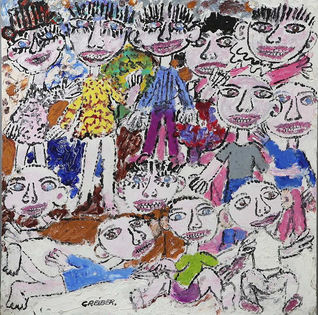 GUNNAR GREIBER. Komposition med figurer, olja/blandteknik på pannå, signerad. — Paintings — Auktionshuset Kolonn