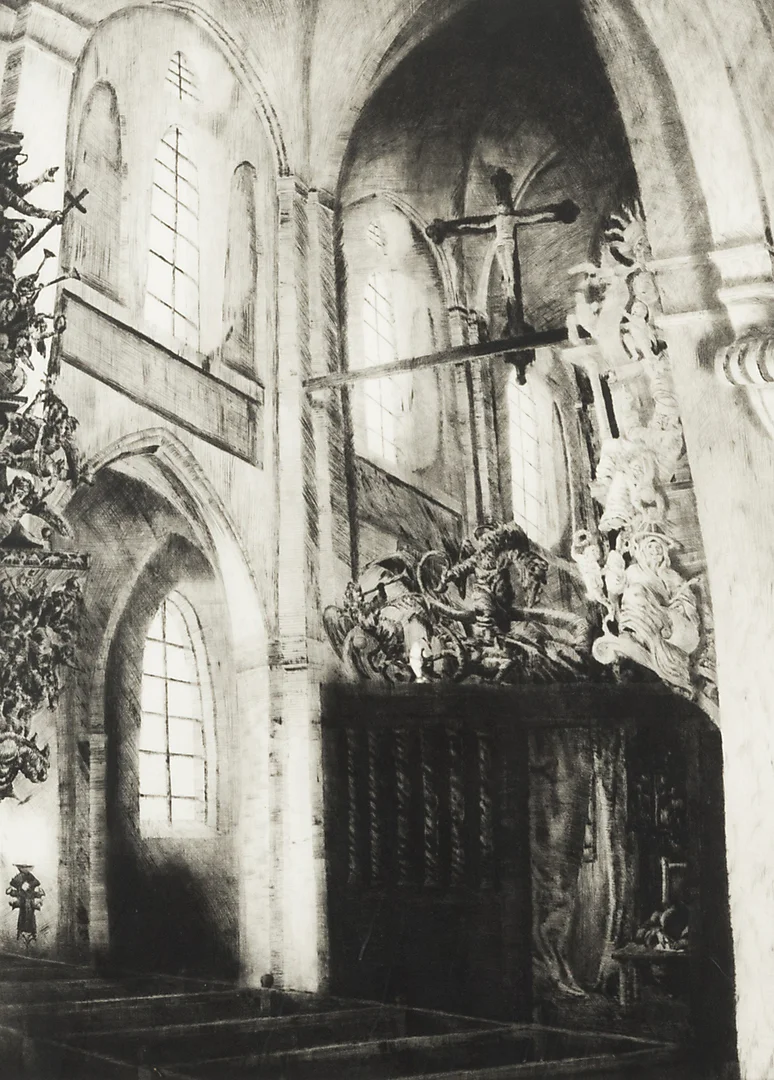 GÖRAN BILLING. Kyrkointeriör, etsning, signerad G. Billing 1985. — Engravings & Prints — Helsingborgs Auktionskammare
