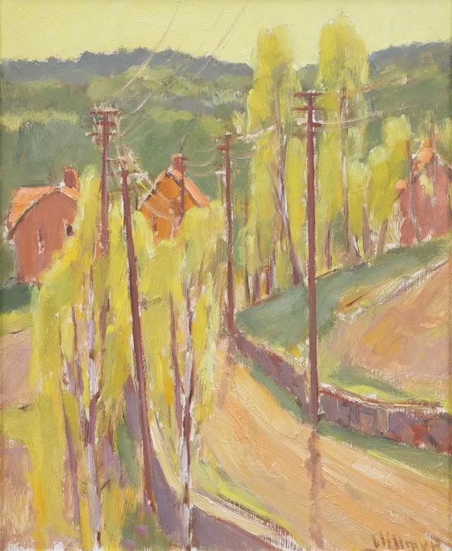 EINAR BRISSMYR. Landsbygd, olja på pannå, signerad.