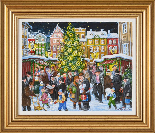 BERT HÅGE HÄVERÖ. "Julmarknad på Stortorget", olja på duk.