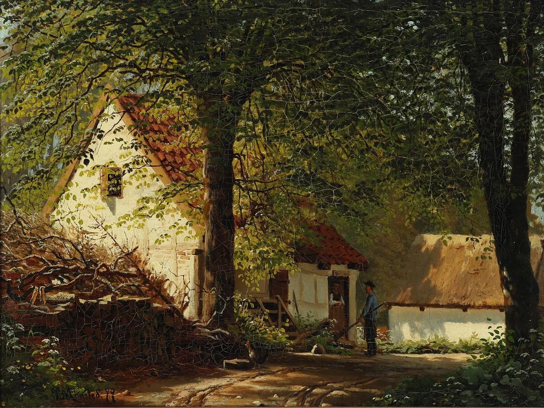 Two farmers in conversation at a farm house. Signed and dated P. Mønsted 79. Oil on canvas. 38×51 cm. — Paintings — Bruun Rasmussen