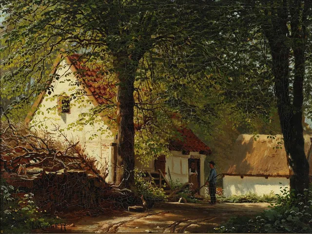 Two farmers in conversation at a farm house. Signed and dated P. Mønsted 79. Oil on canvas. 38×51 cm.