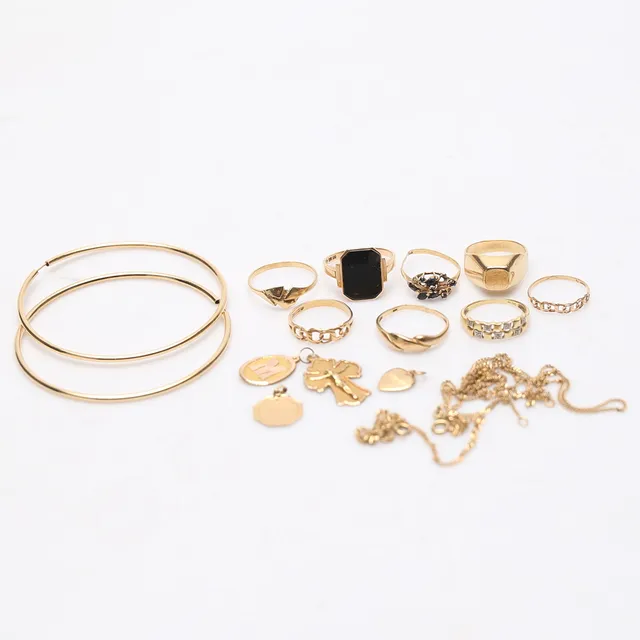 SMYCKEN, 16 delar, 18k, guld, vikt ca 36,8 gram, halsband, örhängen, hängen, ringar.