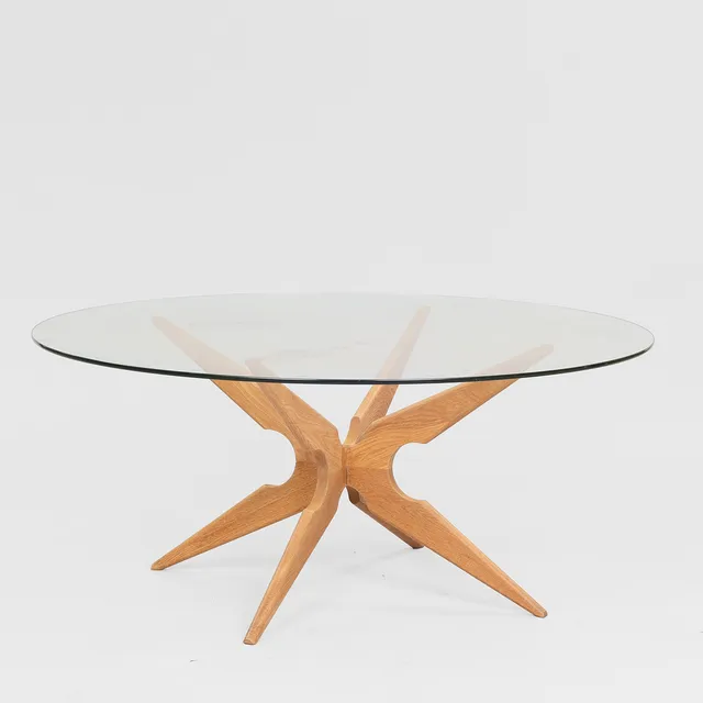 Cirkulært sofabord med top af glas og understel af eg, Sika Møbler, Danmark, 1900-tallets anden halvdel.