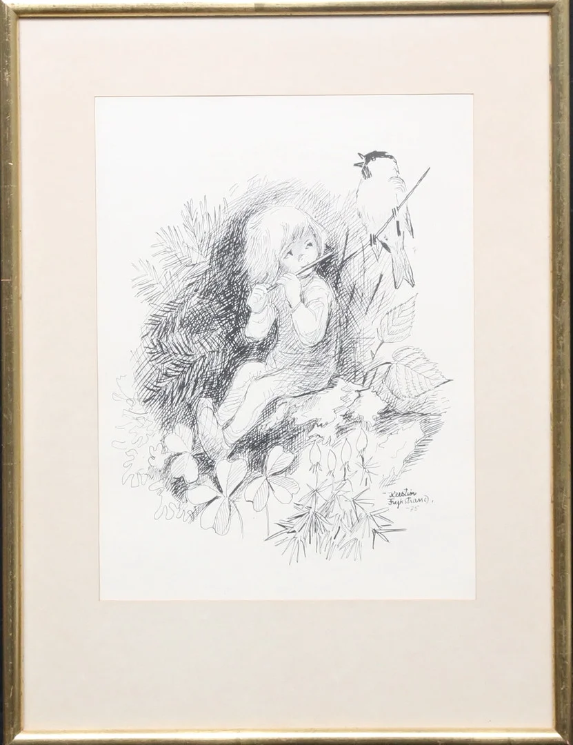 KERSTIN FRYKSTRAND. Flöjtspelande flicka. Tuschteckning, signerad, daterad -75. — Drawings — Gomér & Andersson Linköping