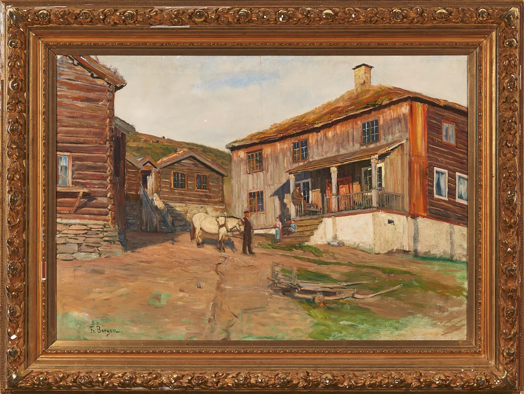 Borgen, Fredrik — Tun i Gudbrandsdalen (antagelig lensmannsgarden Kvigstad i Sør-Fron) — Kunst/Maleri — Blomqvist