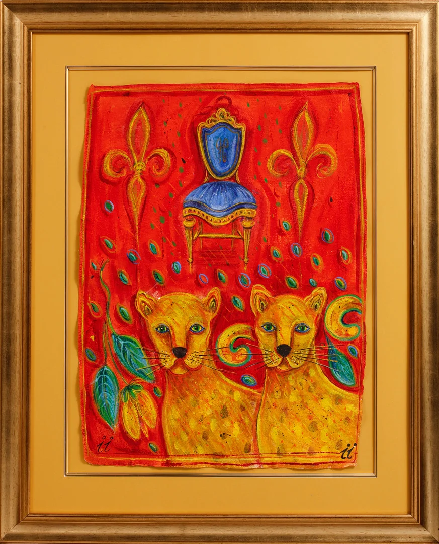 INGBRITT IRENE LAGERBERG. Komposition med stol och kattdjur,akrylfärg, signerad. — Paintings — Göteborgs Auktionsverk