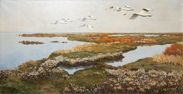 WILLIAM GISLANDER (1890-1937). Sträckande svanar, olja på duk.