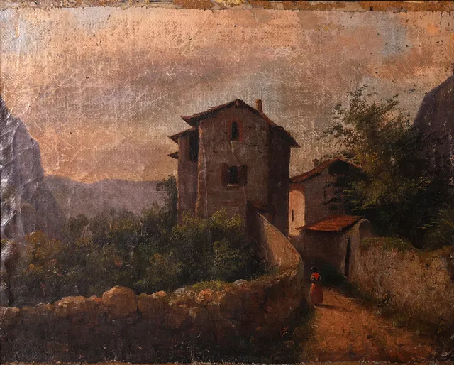 ÁNONIMO S XVIII-XIX"PAISAJE CON FIGURA Y CASAS" ÓLEO SOBRE LIENZO PEGADO A CARTÓN.