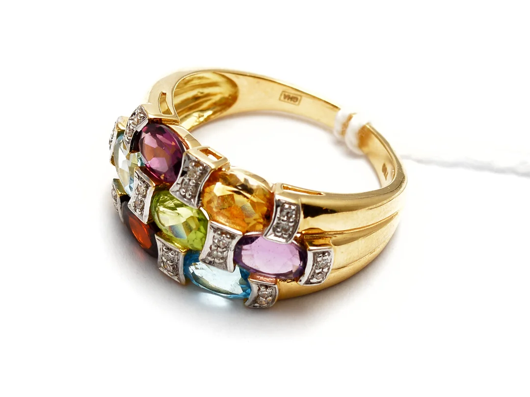 Ring 18K med Akvamarin,Peridot,Topas,Citrin,Ametist, 2st Granater och diamanter 20xca0,005ct Ø18 5,6g — Smycken/Ring — Kaplans