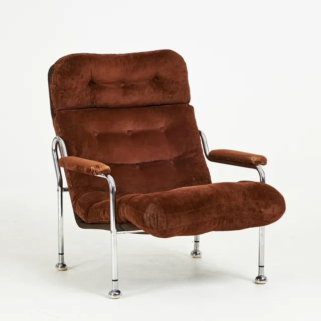 BO EIGERT. fåtölj, 1970-tal, "Stålbo", Hova, stomme av kromad metall, textilklädsel.