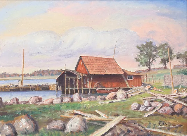 OTTO JANSSON. Sjöbod vid Smålandskusten, olja på duk, signerad.