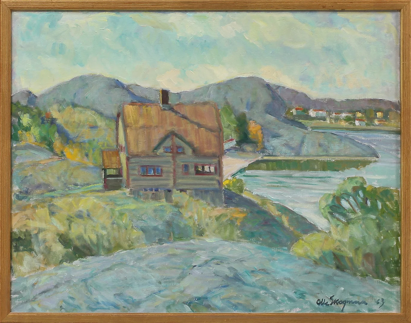 OLLE SKOGMAN. "På Hälleberget" med Carl Wilhelmsons hus. Olja på duk, signerad och daterad 63. — Paintings — Göteborgs Auktionsverk
