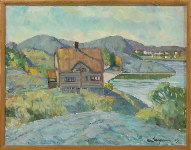 OLLE SKOGMAN. "På Hälleberget" med Carl Wilhelmsons hus. Olja på duk, signerad och daterad 63.