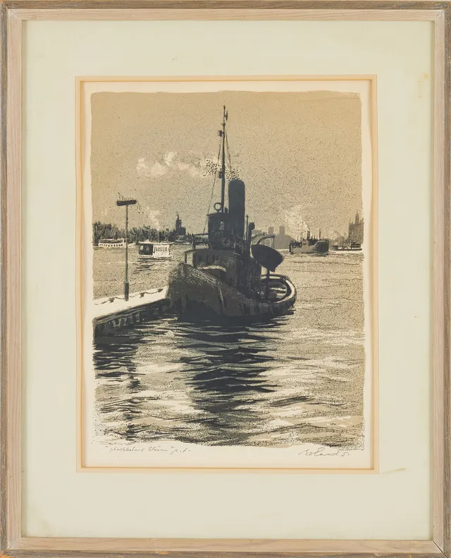 ROLAND SVENSSON. "Stockholms ström", färglitografi, provtryck, signerad.