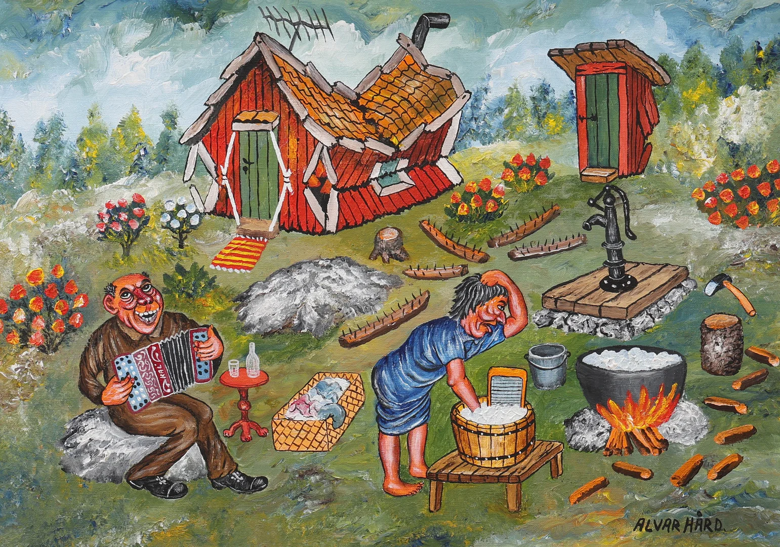 ALVAR HÅRD. olja på duk, "En härlig semester på sommartorpet", signerad. — Paintings — Auktionsmagasinet Vänersborg