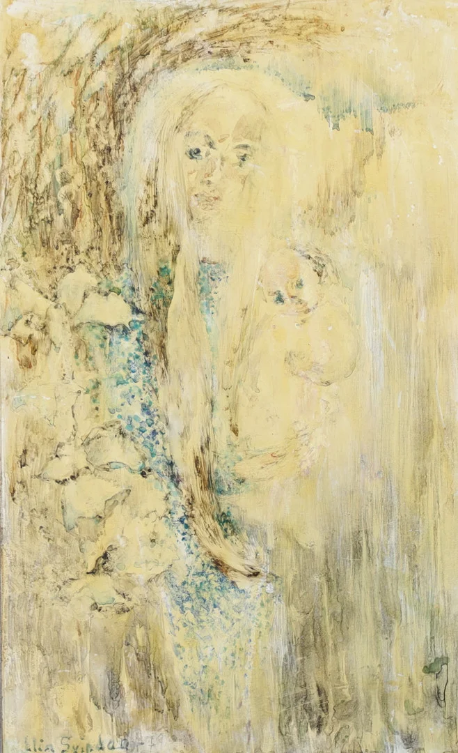 ELIN SVIPDAG. "Lillan och Ulf", blandteknik på pannå, daterad -79. — Paintings — Växjö Auktionskammare