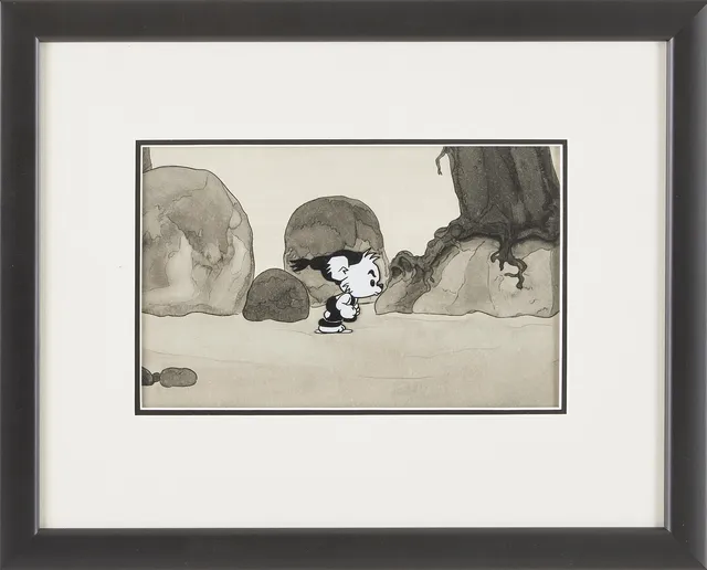 RUNE ANDRÉASSON. Bamse, handmålad filmcell ur "Resan till badköping", från 1966, scen 112, monterad på en alternativ handmålad bakgrund.