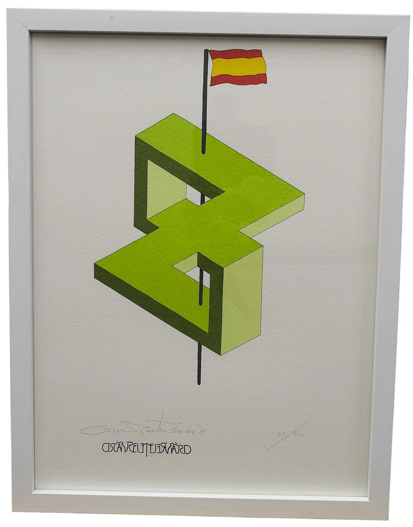 OSCAR REUTERSVÄRD. Färglitografi ur mappen "Fifteen European Impossible Figures". Spanien, numrerad 53/210, signerad. — Engravings & Prints — Limhamns Auktionsbyrå