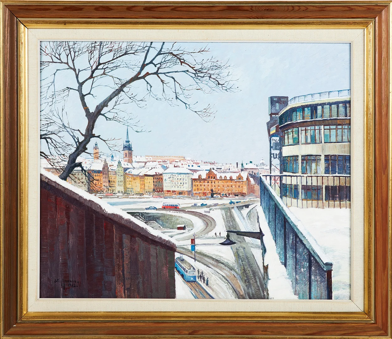 STIG JONZON. "Utsikt mot Slussen Stockholm", oljemålning på pannå, Signerad och daterad Stig Jonzon 1962. — Paintings — Stockholms Auktionsverk Sickla