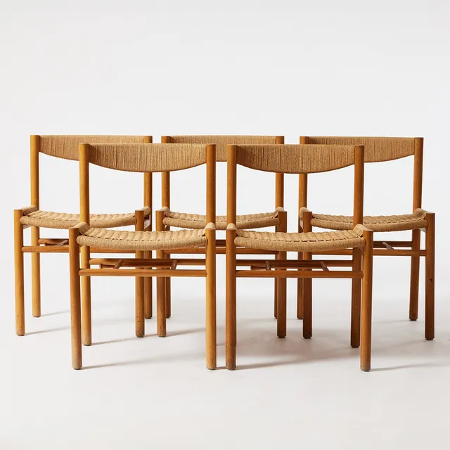 VILHELM WOHLERT. "Kirkestole", stolar fem st., Sorø Stolefabrik, Danmark 1960-tal, ek, sits och rygg med flätade papperssnören.