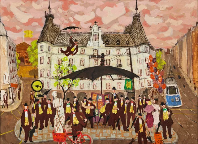 PELLE ÅBERG. Stureplan, olja på pannå, 50 x 68 cm.