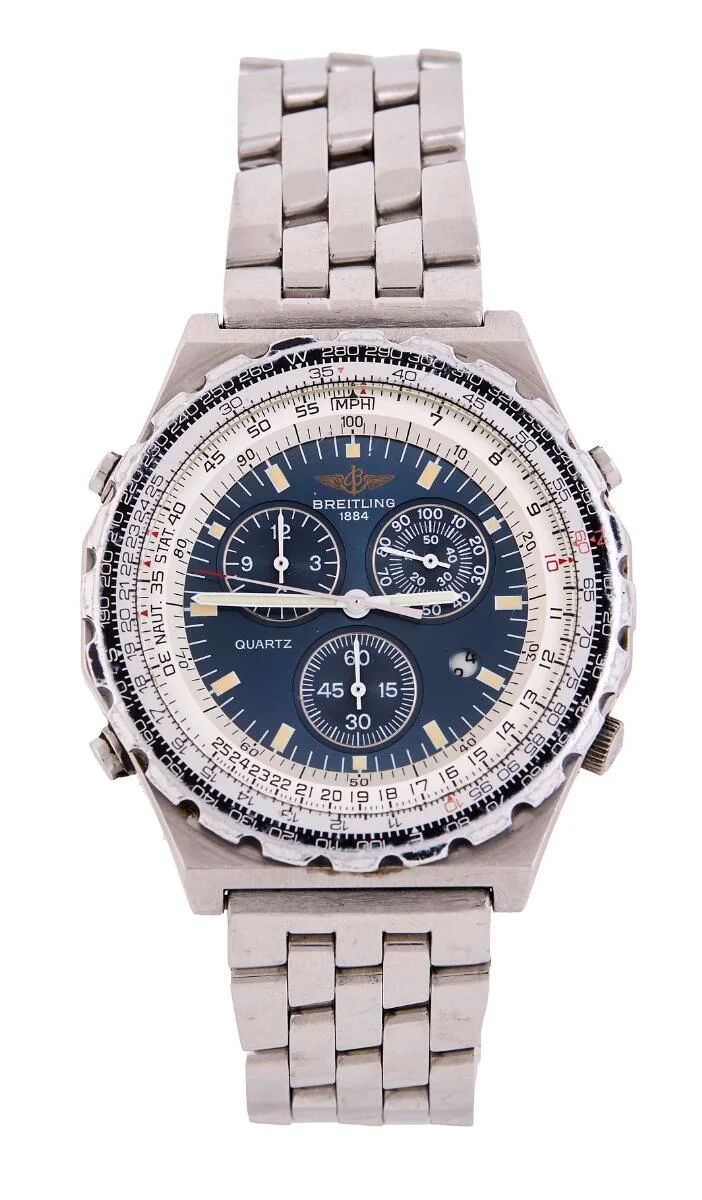 Jupiter Pilot of steel, ref. A59027. Quartz movement with chronograph and date indication, cal. 59. Breitling bracelet of steel with folding clasp. Circumference approximately 20 cm. Ø 41.5 mm. 1988–1994. — Clocks & watches/Wristwatches — Bruun Rasmussen