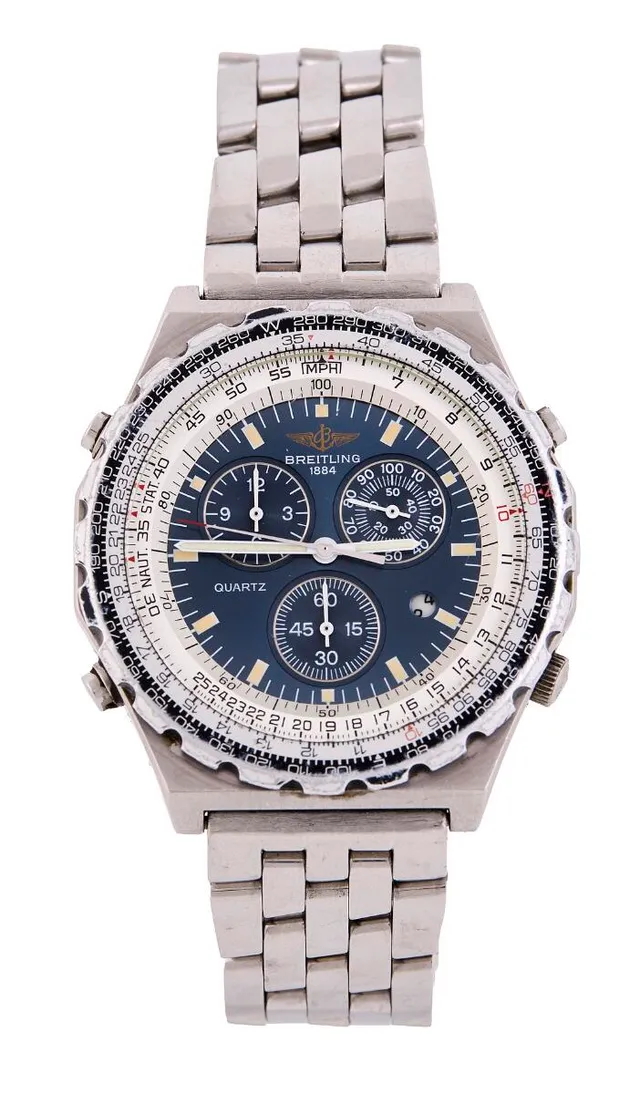 Jupiter Pilot of steel, ref. A59027. Quartz movement with chronograph and date indication, cal. 59. Breitling bracelet of steel with folding clasp. Circumference approximately 20 cm. Ø 41.5 mm. 1988–1994.