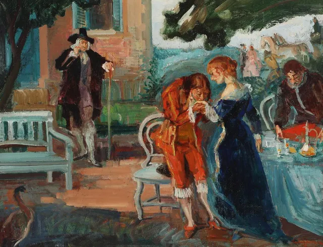 Scene from L'avare by Moliere. Signed Ludvig Jacobsen. Oil on canvas. 60×79 cm.