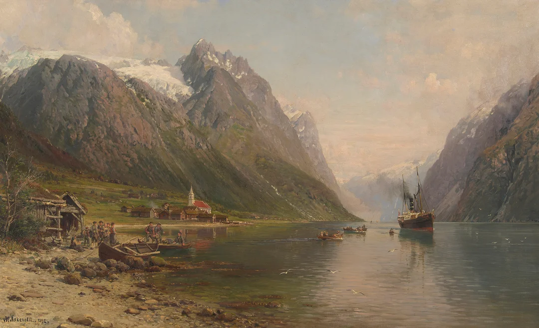 Askevold, Anders — Folkeliv i vestlandsfjord, 1892 — Kunst/Maleri — Blomqvist