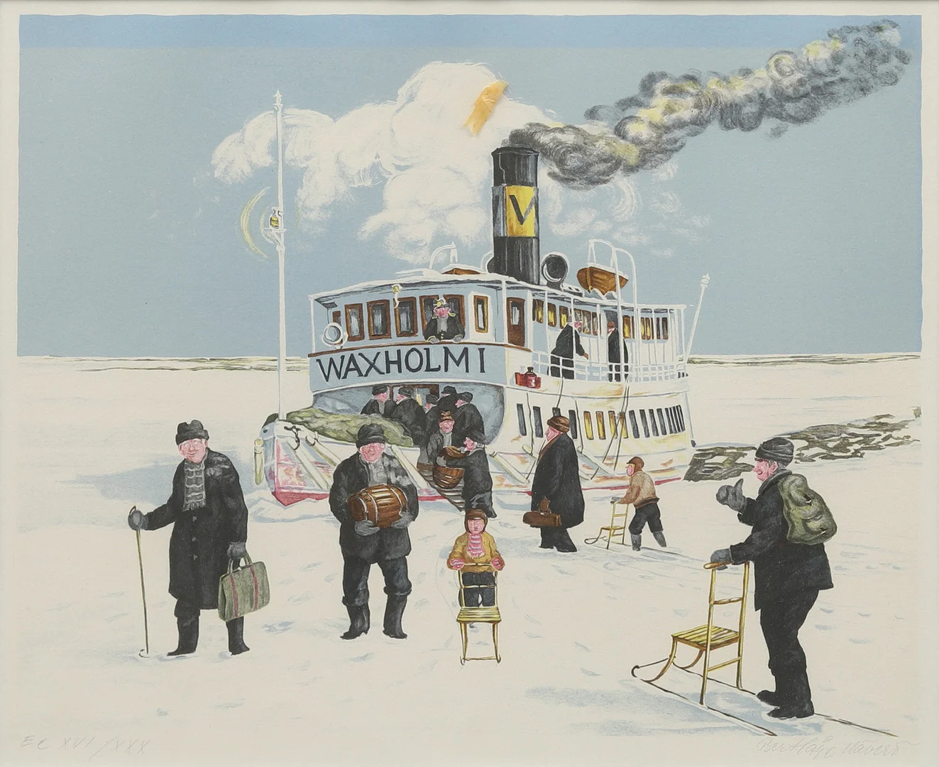 BERT HÅGE HÄVERÖ (1932-2014). Waxholmsbåten i vinterlandskap, litografi nr EA XVI/XXX, signerad. — Engravings & Prints — Garpenhus Auktioner