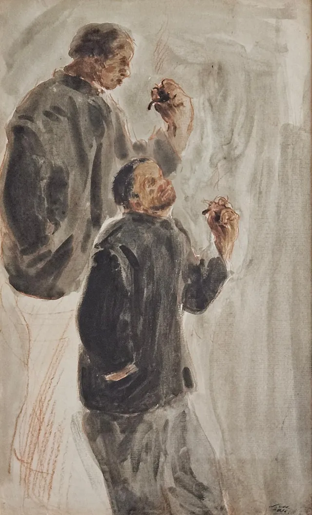 STIG MÅNSSON. Piprökare. Blandteknik, signerad SM och daterad 1936.